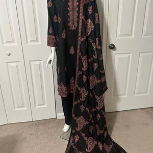 Black and Pink Embroidered dress with big shawl